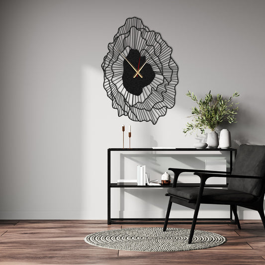 Layered Leaves Wall Clock, Black Minimalist Large Metal Art, Abstract Design Unique Large Size Clock, Metal Wall Clock, Women's Day Gift